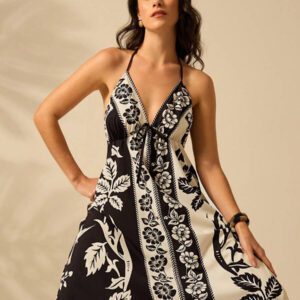 CAJUNI Robe d'été décontractée de plage pour femmes, style vacances tropicales boho, avec imprimé de fleurs et de palmiers, à fines bretelles, avec laçage