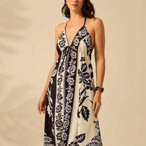 CAJUNI Robe d'été décontractée de plage pour femmes, style vacances tropicales boho, avec imprimé de fleurs et de palmiers, à fines bretelles, avec laçage