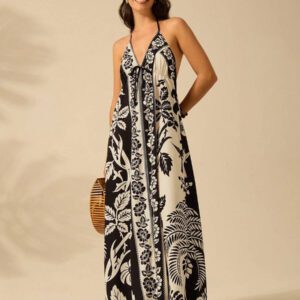 CAJUNI Robe d'été décontractée de plage pour femmes, style vacances tropicales boho, avec imprimé de fleurs et de palmiers, à fines bretelles, avec laçage