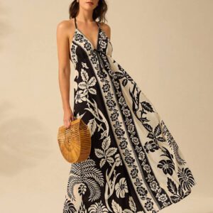CAJUNI Robe d'été décontractée de plage pour femmes, style vacances tropicales boho, avec imprimé de fleurs et de palmiers, à fines bretelles, avec laçage