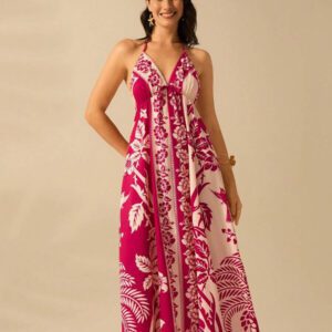 CAJUNI Robe d'été décontractée de plage pour femmes, style vacances tropicales boho, avec imprimé de fleurs et de palmiers, à fines bretelles, avec laçage