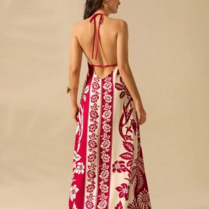 CAJUNI Robe d'été décontractée de plage pour femmes, style vacances tropicales boho, avec imprimé de fleurs et de palmiers, à fines bretelles, avec laçage