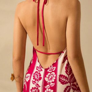 CAJUNI Robe d'été décontractée de plage pour femmes, style vacances tropicales boho, avec imprimé de fleurs et de palmiers, à fines bretelles, avec laçage