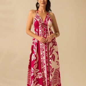 CAJUNI Robe d'été décontractée de plage pour femmes, style vacances tropicales boho, avec imprimé de fleurs et de palmiers, à fines bretelles, avec laçage