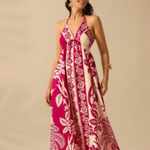 CAJUNI Robe d'été décontractée de plage pour femmes, style vacances tropicales boho, avec imprimé de fleurs et de palmiers, à fines bretelles, avec laçage