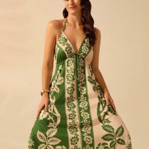 CAJUNI Robe d'été décontractée de plage pour femmes, style vacances tropicales boho, avec imprimé de fleurs et de palmiers, à fines bretelles, avec laçage