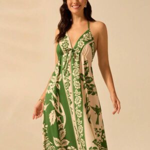 CAJUNI Robe d'été décontractée de plage pour femmes, style vacances tropicales boho, avec imprimé de fleurs et de palmiers, à fines bretelles, avec laçage