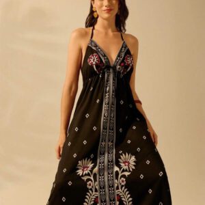 CAJUNI Robe d'été décontractée de plage pour femmes, style vacances tropicales boho, avec imprimé de fleurs et de palmiers, à fines bretelles, avec laçage