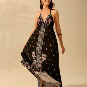 CAJUNI Robe d'été décontractée de plage pour femmes, style vacances tropicales boho, avec imprimé de fleurs et de palmiers, à fines bretelles, avec laçage
