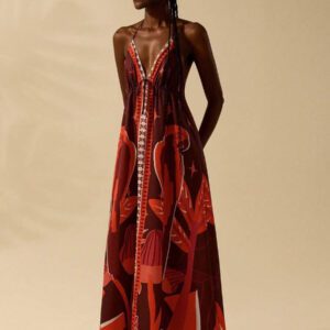 CAJUNI Robe d'été décontractée de plage pour femmes, style vacances tropicales boho, avec imprimé de fleurs et de palmiers, à fines bretelles, avec laçage