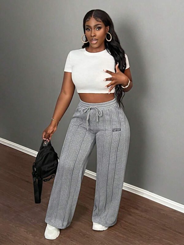 Slaydiva Pantalon décontracté gris à jambe droite taille basse -Z – Image 4