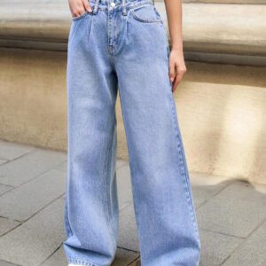 RueChic Jeans décontractés à taille haute et jambes évasées pour femmes, avec effet lavé