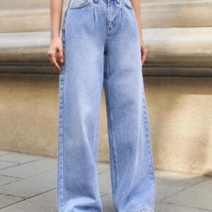 RueChic Jeans décontractés à taille haute et jambes évasées pour femmes, avec effet lavé