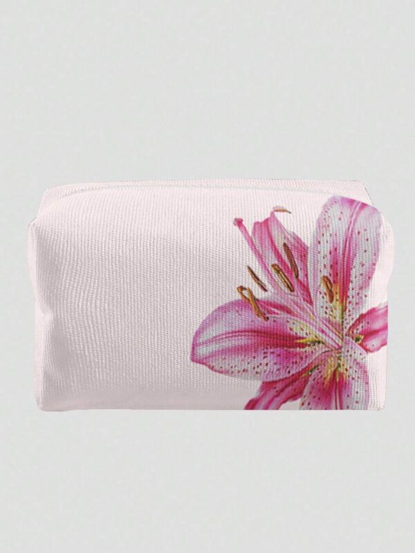 ROMWE Kawaii Sac cosmétique en velours octogonal avec motif de fleur de lys sur base rose – Image 2