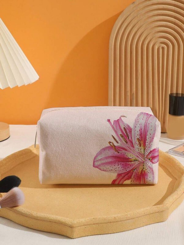 ROMWE Kawaii Sac cosmétique en velours octogonal avec motif de fleur de lys sur base rose – Image 3