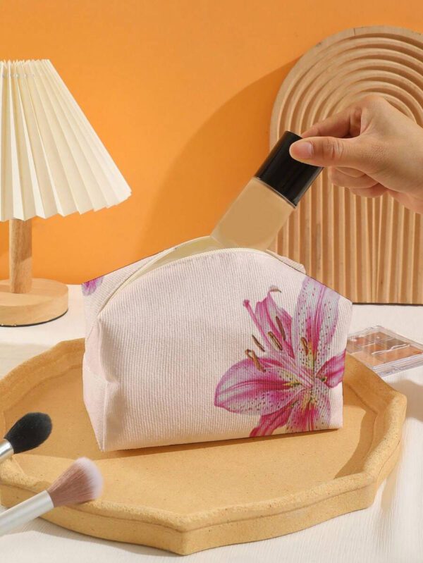 ROMWE Kawaii Sac cosmétique en velours octogonal avec motif de fleur de lys sur base rose – Image 4