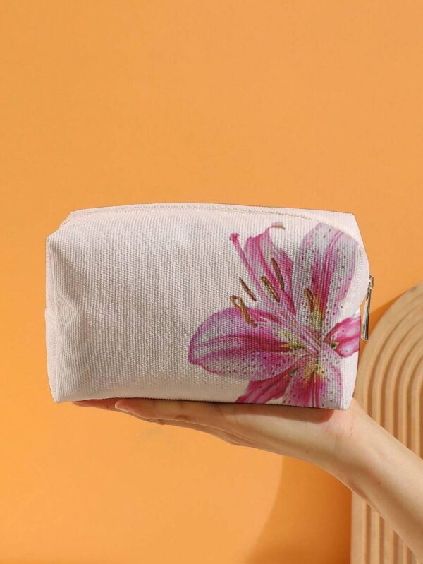 ROMWE Kawaii Sac cosmétique en velours octogonal avec motif de fleur de lys sur base rose – Image 5