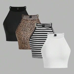SHEIN EZwear 4 pièces Hauts camisoles pour femmes, imprimé léopard, rayures bleues, bleu clair unicolore, noir. Décontractés et ajustés, conviennent pour l'été