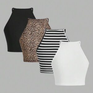 SHEIN EZwear 4 pièces Hauts camisoles pour femmes, imprimé léopard, rayures bleues, bleu clair unicolore, noir. Décontractés et ajustés, conviennent pour l'été