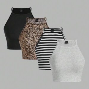 SHEIN EZwear 4 pièces Hauts camisoles pour femmes, imprimé léopard, rayures bleues, bleu clair unicolore, noir. Décontractés et ajustés, conviennent pour l'été