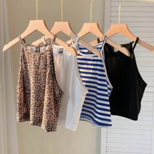 SHEIN EZwear 4 pièces Hauts camisoles pour femmes, imprimé léopard, rayures bleues, bleu clair unicolore, noir. Décontractés et ajustés, conviennent pour l'été