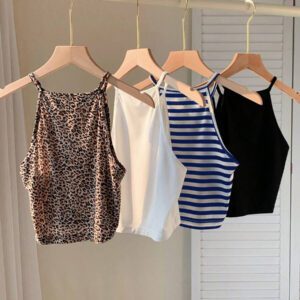 SHEIN EZwear 4 pièces Hauts camisoles pour femmes, imprimé léopard, rayures bleues, bleu clair unicolore, noir. Décontractés et ajustés, conviennent pour l'été