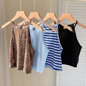 SHEIN EZwear 4 pièces Hauts camisoles pour femmes, imprimé léopard, rayures bleues, bleu clair unicolore, noir. Décontractés et ajustés, conviennent pour l'été