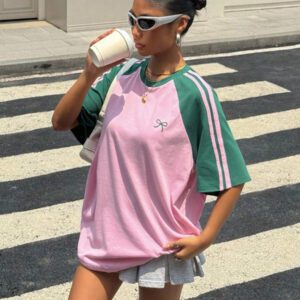 Muchica T-shirt ample à manches courtes vintage avec blocs de couleurs pour femmes