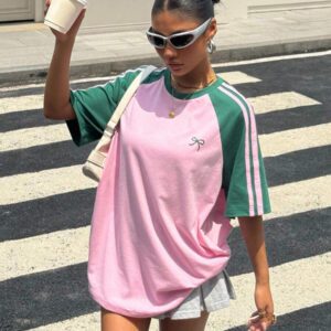 Muchica T-shirt ample à manches courtes vintage avec blocs de couleurs pour femmes
