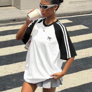 Muchica T-shirt ample à manches courtes vintage avec blocs de couleurs pour femmes