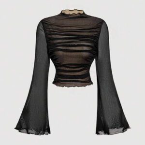 SHEIN MOD T-shirt femme à col montant, manches évasées à volants, couleur unie