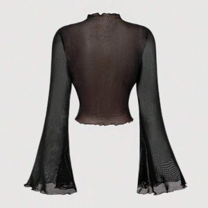 SHEIN MOD T-shirt femme à col montant, manches évasées à volants, couleur unie