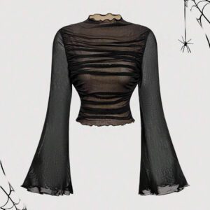 SHEIN MOD T-shirt femme à col montant, manches évasées à volants, couleur unie