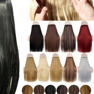 Extensions de cheveux invisibles en ligne de pêche de 24 pouces de long. Pièces de cheveux résistantes à la chaleur, synthétiques, sans clips. Rallonges de cheveux naturels avec bandeau transparent ajustable. Clips amovibles et sécurisés pour une perruque synthétique droite secrète pour femmes.