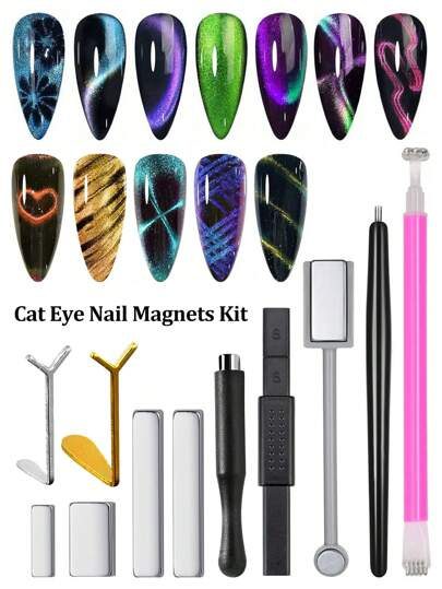 Beautizon Nailartlab 8 pièces Ensemble multifonctionnel de manucure puissant pour ongles effet œil de chat, aimant, aimant, aimant, vernis à ongles effet œil de chat, outils pour la décoration des ongles, fournitures pour ongles, outils pour ongles, outils pour la nail art, rentrée scolaire, ongles, outils pour ongles à clipser, outils de manucure et pédicure