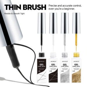 [Ultra-fin] Vernis à ongles en gel pour le nail art - Comprend un gel doré, argenté, blanc et noir avec un pinceau super-fin pour les lignes françaises, le graffiti et les motifs rayés - et un vernis en gel inodore