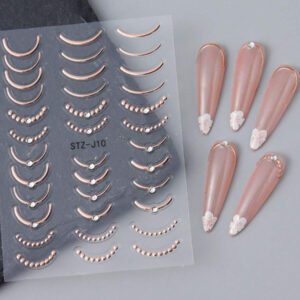 3 Pièces Or Rose Ligne Française Autocollants Nail Art Relief Strass Rayures Vague Y2k Courbe De Relief Métallique Design Japonais Décalcomanies Nail Art Manucure Décor