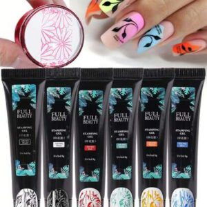 Ensemble De Gel De Tampon De Vernis À Ongles Coloré Avec 6 Pièces Comprenant Vernis À Ongles Noir, Blanc, Vert, Rouge, Bleu Et Jaune, Plaques De Tampon De Motif D'ongle, Vernis À Transfert, Peinture De Tampon De Vernis À Ongles Et Outils D'accessoires De Manucure