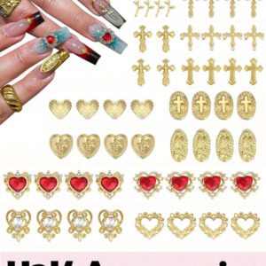 64 pièces Ensemble de charms pour ongles dorés avec pierres précieuses dorées, roses dorées, cœurs, croix dorées et charms de la Vierge Marie - Décorations de charms pour ongles 3D chromés Y2K, fournitures pour ongles