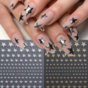 2 pièces Autocollants d'ongles en métal dorés et argentés, décalcomanies d'étoiles à cinq branches de différentes tailles, élégantes et charmantes. Décorations DIY pour manucure, à coller sur les ongles. Appliquez une couche de vernis à ongles transparent ou de top coat sur la surface, et vos ongles paraîtront encore plus beaux et les autocollants dureront plus longtemps.