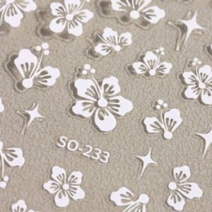 2 pièces Autocollants d'ongles 3D fleurs d'hibiscus, décoration d'été fleurs roses et blanches, décalcomanies d'ongles feuilles tropicales, feuilles de manucure