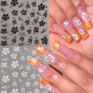 2 pièces Autocollants d'ongles 3D fleurs d'hibiscus, décoration d'été fleurs roses et blanches, décalcomanies d'ongles feuilles tropicales, feuilles de manucure