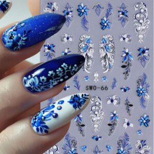 2 pièces Autocollants d'art pour ongles décalques 5D gaufrés à motifs de fleurs bleues. Designs d'art pour ongles avec fleurs dégradées, motifs de vignes et texture de pétales. Feuilles de recouvrement complet pour décoration des ongles. Accessoires de manucure.