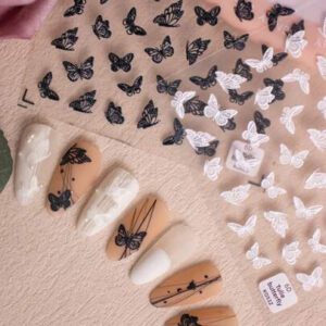 1 pièce d'autocollant d'art pour ongles avec relief/relief 3D de papillon, noir et blanc, spécial pour les ongles à clipser. Autocollant d'art pour ongles avec coquillage aurora et nœud, convient pour une utilisation DIY par les femmes et les filles