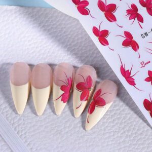 2 pièces Autocollants d'ongles 3D à pétales de fleurs rose vif et rouge, motifs à vignes de fleurs chics pour Nail Art 3D, accessoires pour manucure, designs adhésifs 3D pour vacances d'été à la plage, décoration pour Nail Art