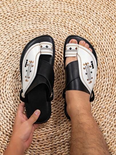 Pantoufles plates et confortables pour hommes, style avec broderie arabe