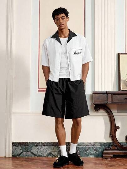 SWAVVY Ensemble chemise et short casual ample à manches courtes avec imprimé lettre et simple boutonnage pour hommes