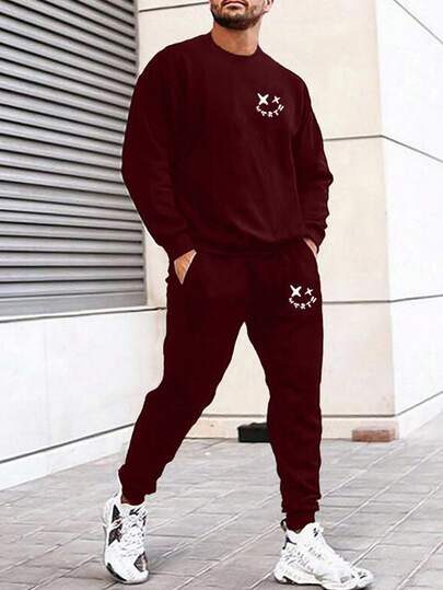 Sweat-shirt-shirt et pantalon de survêtement en coton avec graphique lettrage pour hommes
