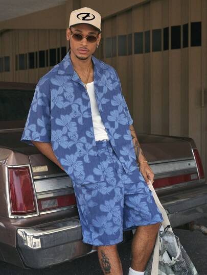 AXEPEAK Ensemble chemise et short bleu à manches courtes ample à effet jean et découpes, édition streetwear pour hommes