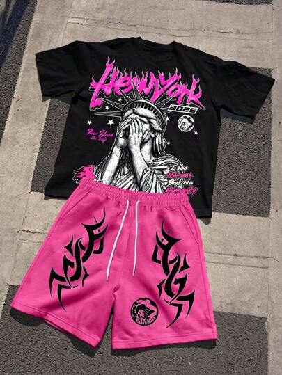 PAVTROS 2 pièces/Set T-shirt à manches courtes à col rond avec graphique de lettre décontracté et short pour hommes, été